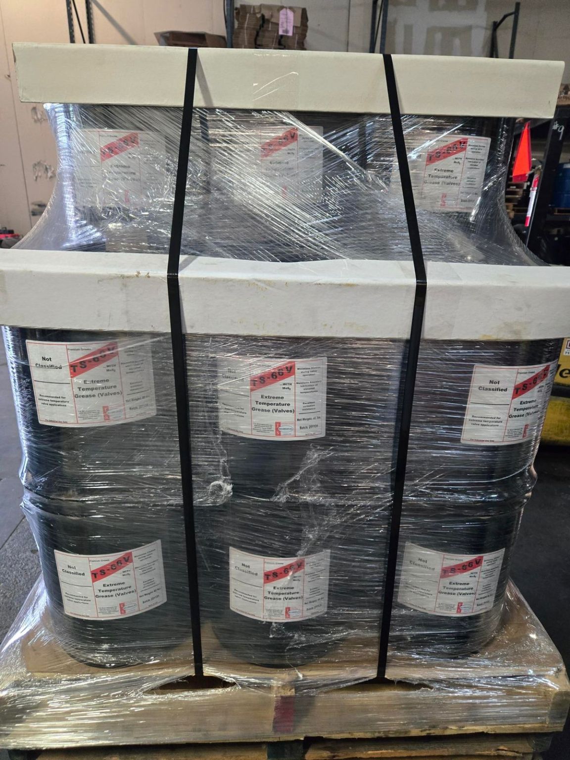Pallet of TS66V grease pails prepared for shipment
